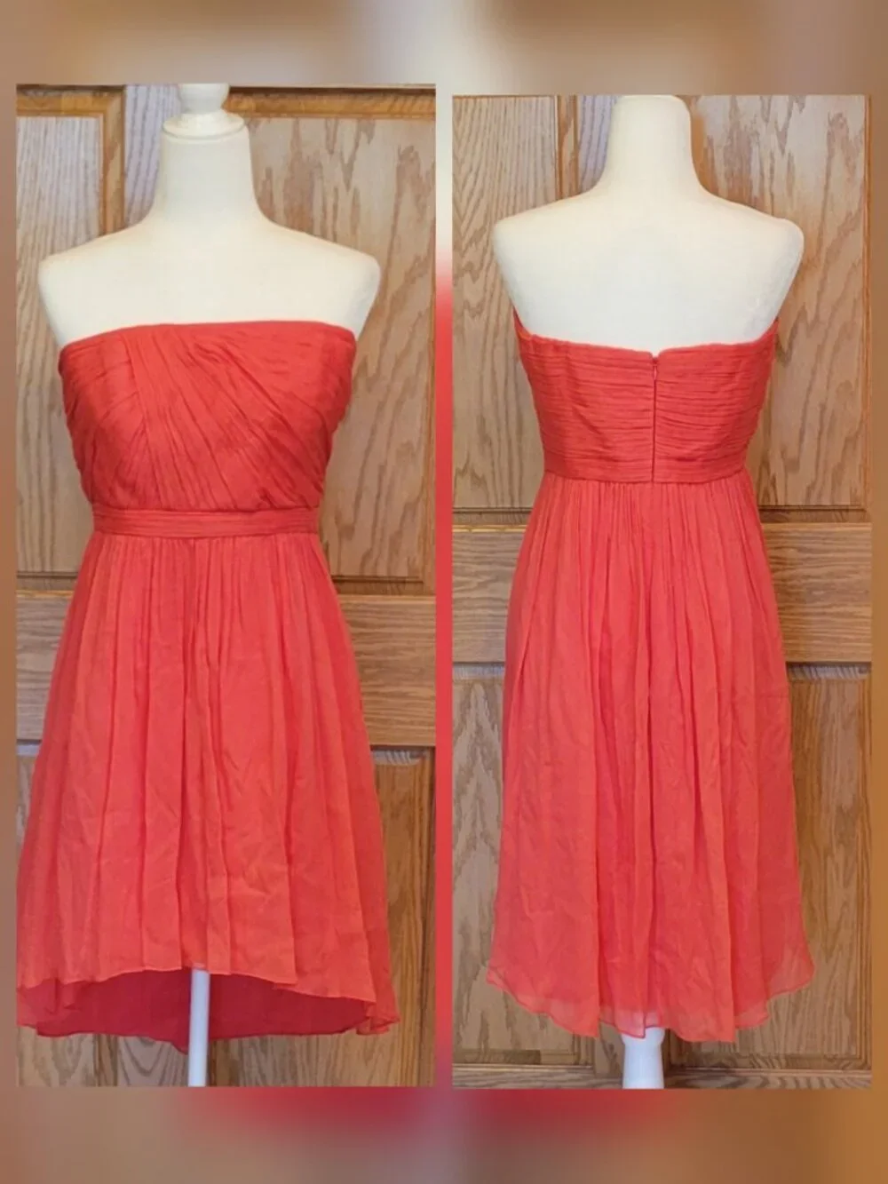 J. Crew Mindy Strapless Hi-Low Cocktail Bridesmaid Dress Coral Silk Size 10